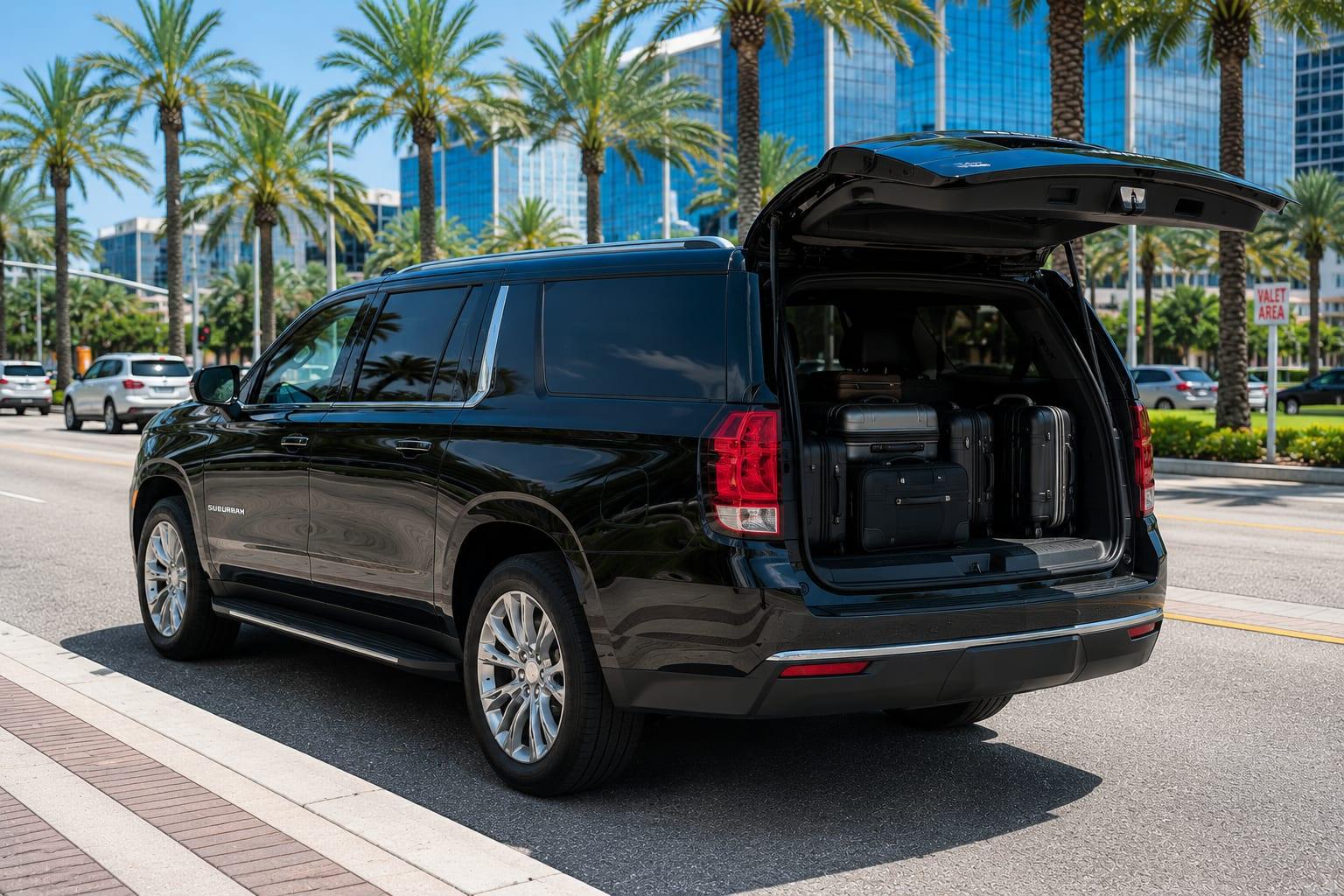 Four large suitcases loaded in the Chevrolet Suburban's cargo area