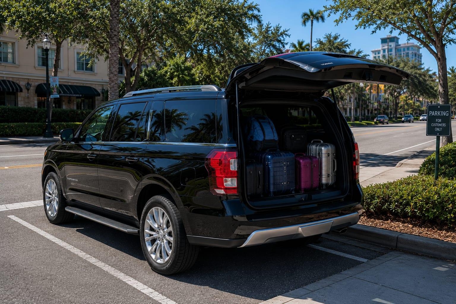 Four large suitcases loaded in the Ford Expedition's cargo area