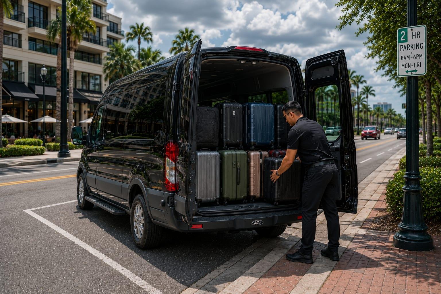 A Pixie Rides driver loading eight large suitcases into the Ford Transit's rear cargo area