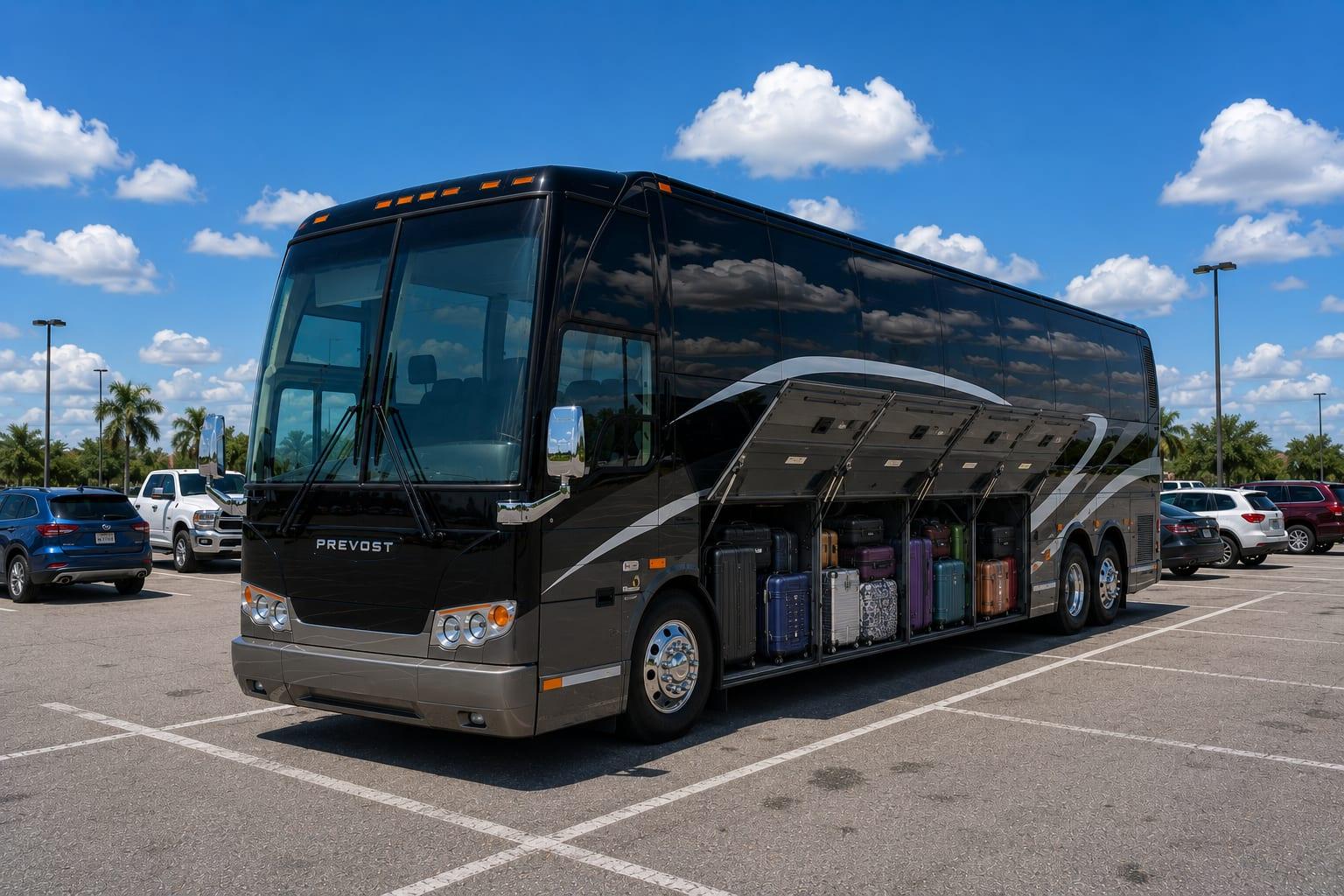 Suitcases loaded in the 56-Seat Motorcoach's undercarriage luggage bays